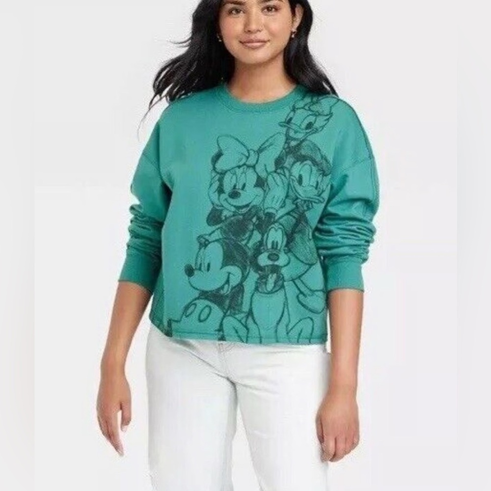 Disney Mickey & Friends Women’s Cropped Crewneck Sweatshirt Size Small Teal New